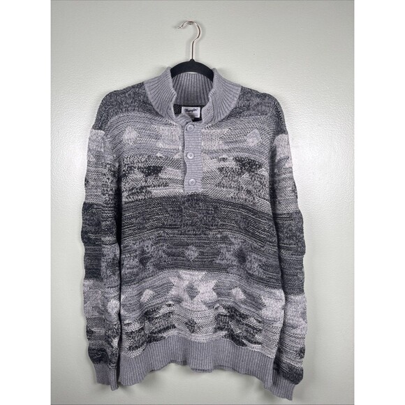 Wrangler 4-Button Knit Sweater‎ Pullover Men’s Size M Gray Western Aztec Print - Picture 1 of 12